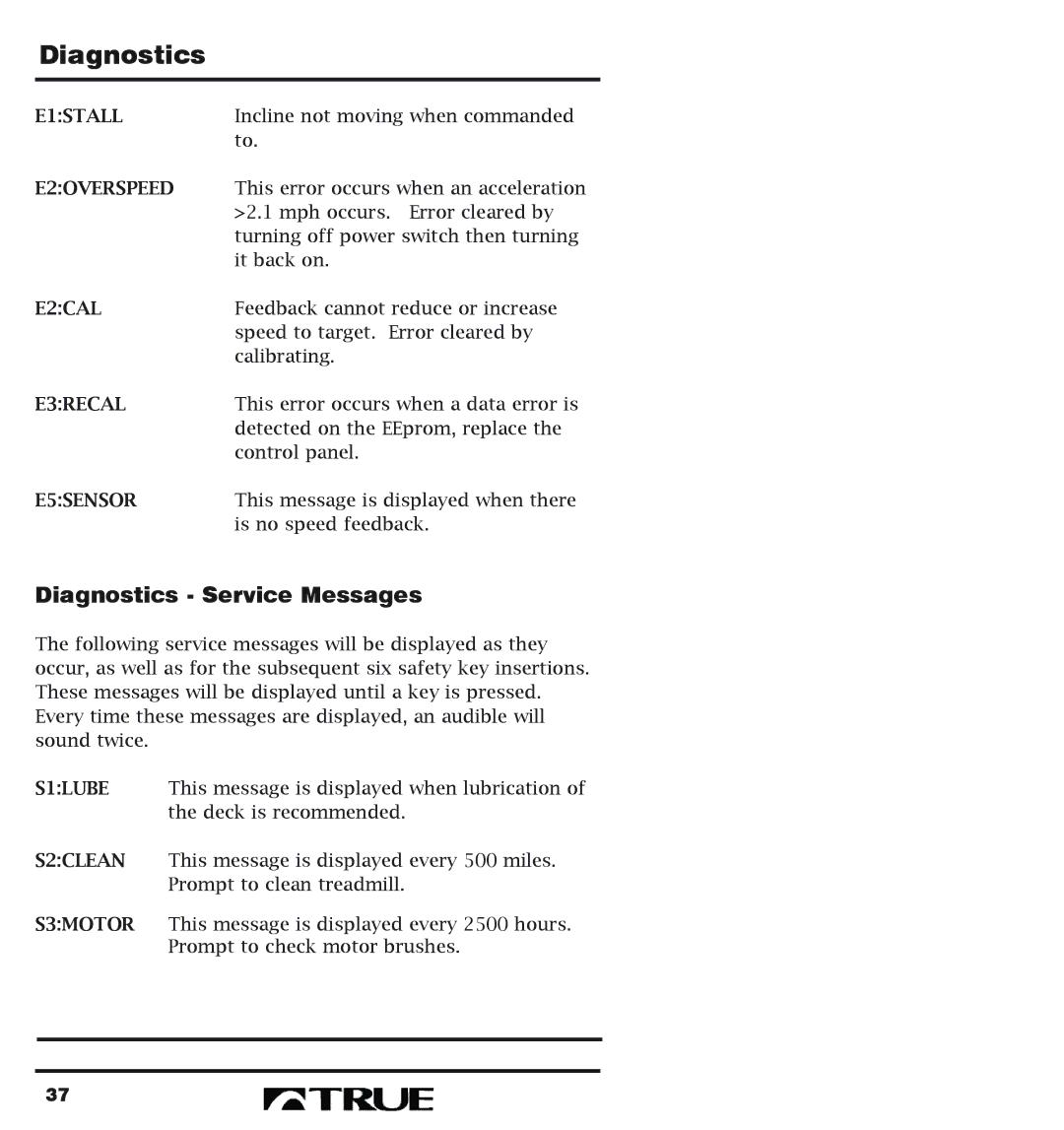 True Fitness 400 Series manual Diagnostics Service Messages, E2OVERSPEED 