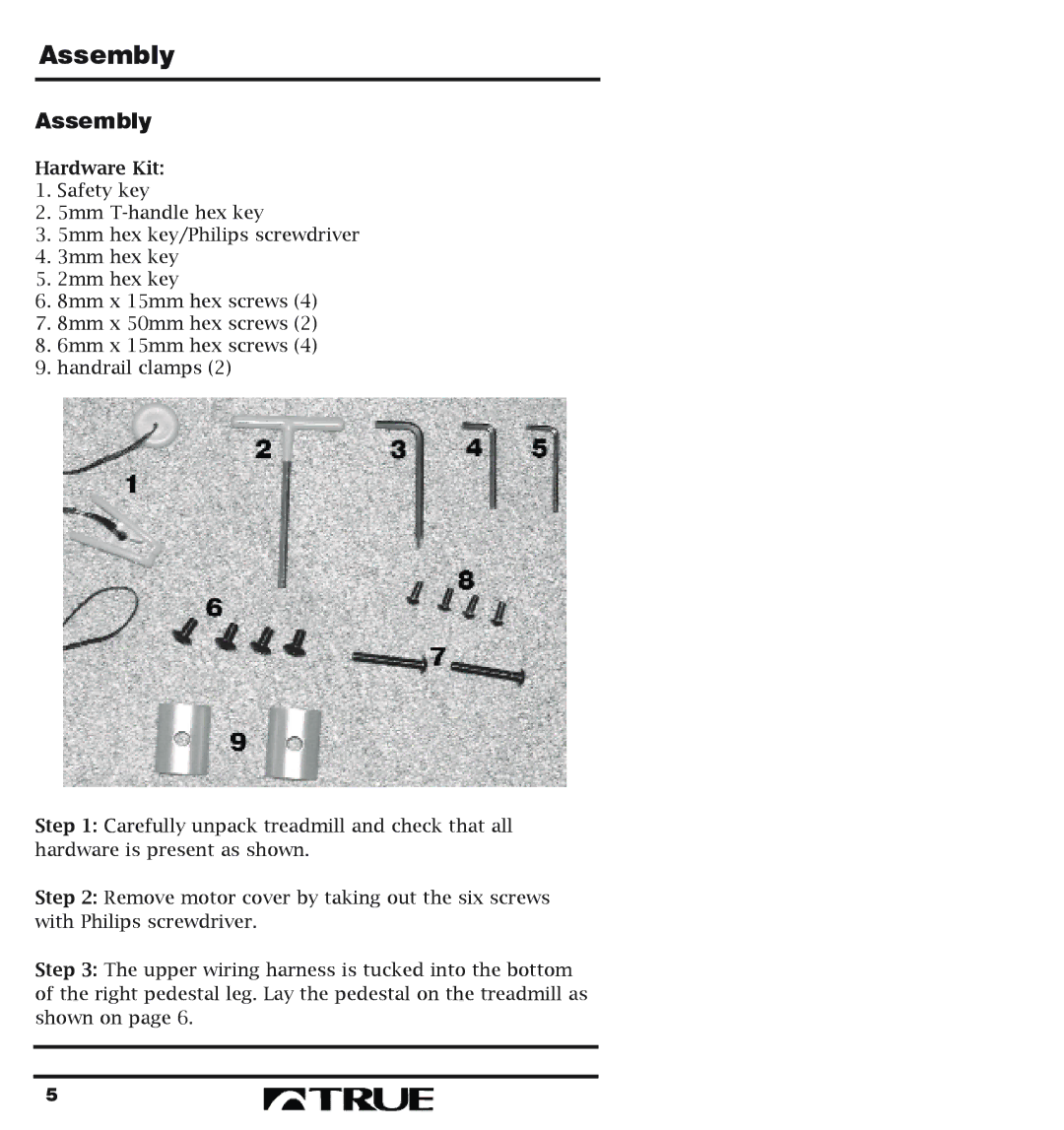 True Fitness 400 Series manual Assembly, Hardware Kit 