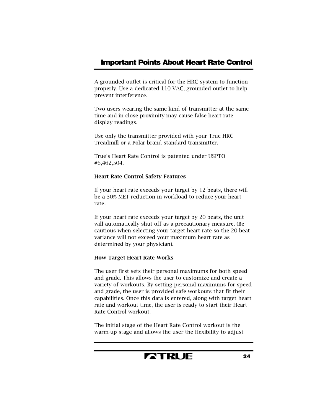 True Fitness 400 manual Heart Rate Control Safety Features, How Target Heart Rate Works 