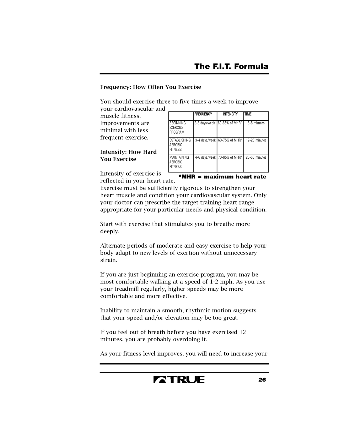 True Fitness 400 manual Frequency How Often You Exercise, Intensity How Hard 