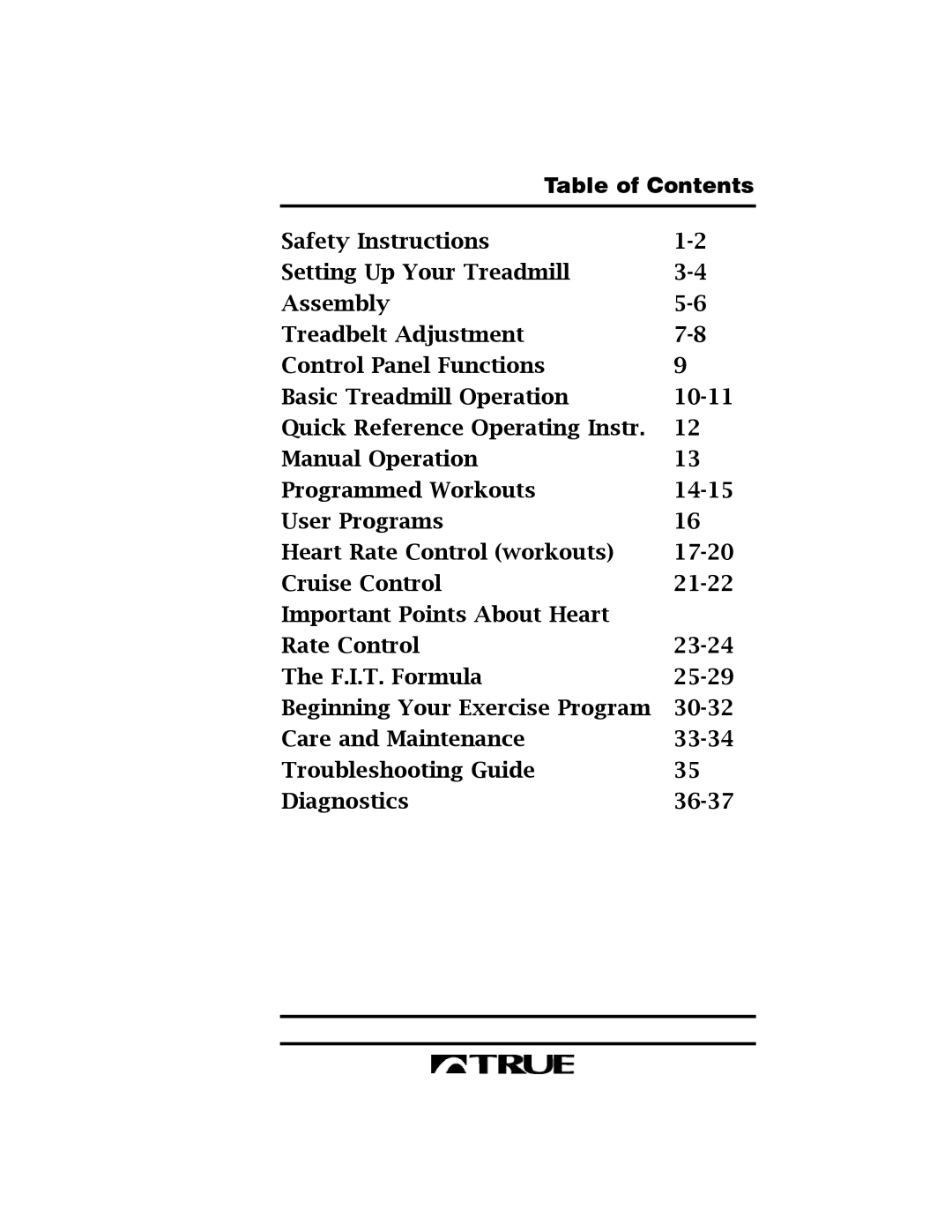 True Fitness 400 manual Table of Contents 