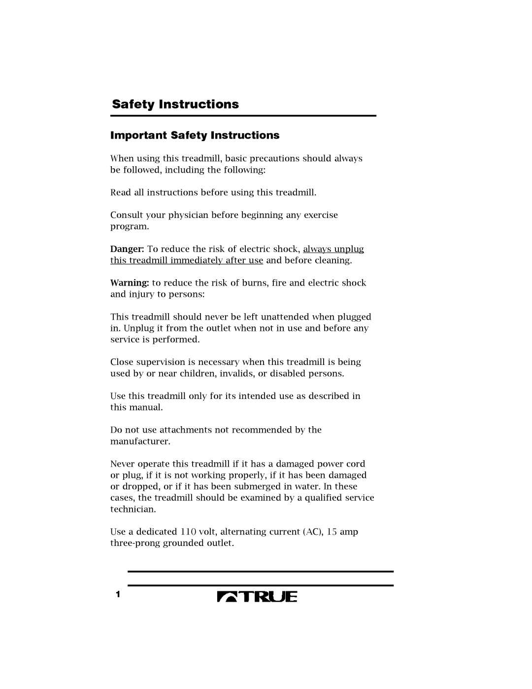 True Fitness 400 manual Important Safety Instructions 