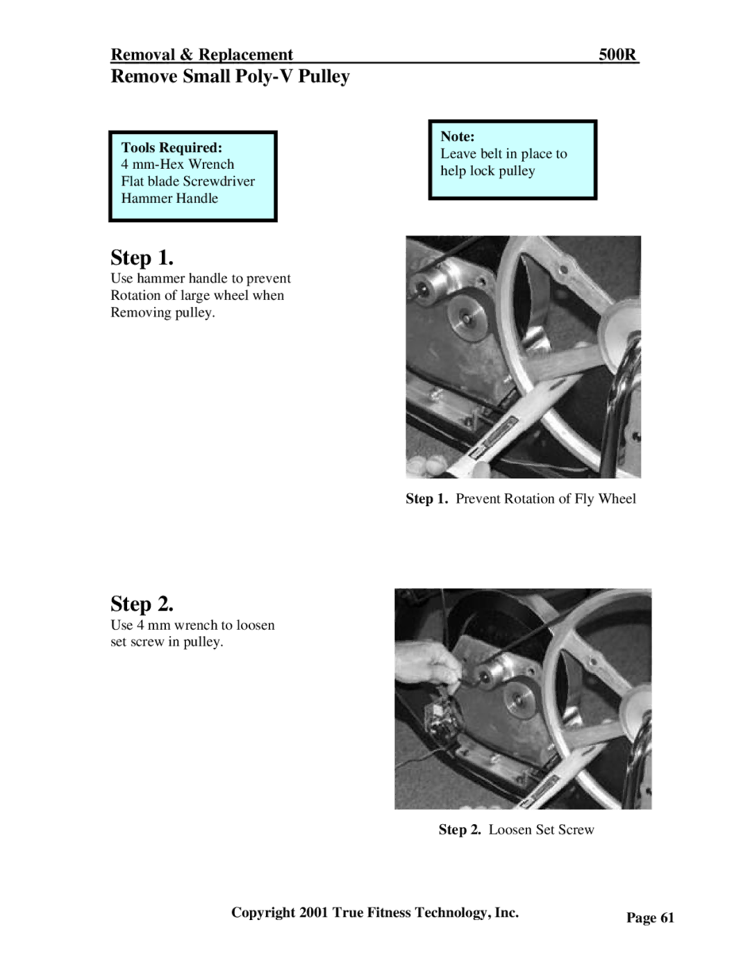 True Fitness 500R, 500U, 600R, 750U, 750R, 600U manual Remove Small Poly-V Pulley 