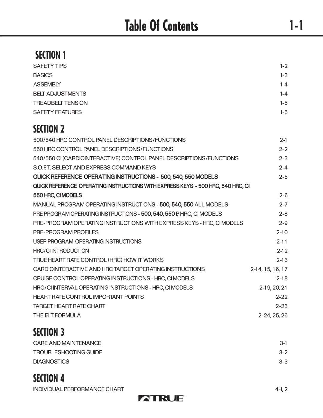 True Fitness 540 manual Table Of Contents 