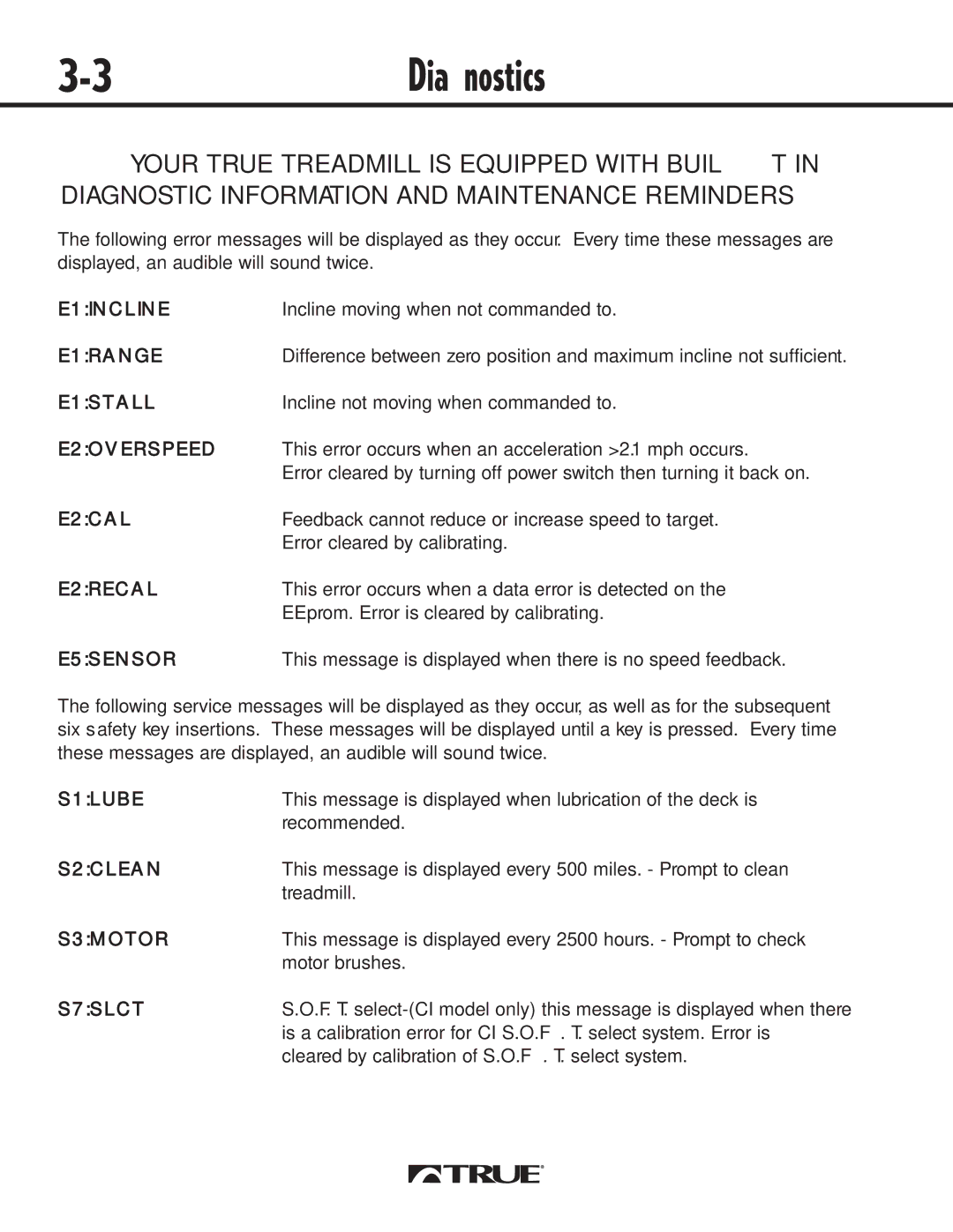 True Fitness 540 E1INCLINE, E1RANGE, E1STALL, E2OVERSPEED, E2CAL, E2RECAL, E5SENSOR, S1LUBE, S2CLEAN, S3MOTOR, S7SLCT 