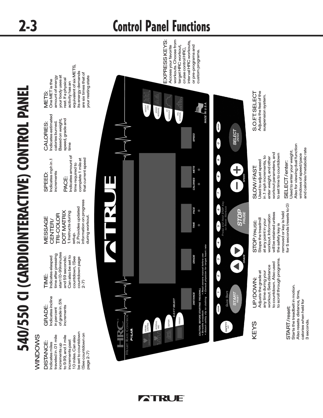 True Fitness manual 540/550 CI Cardiointeractive Control Panel 