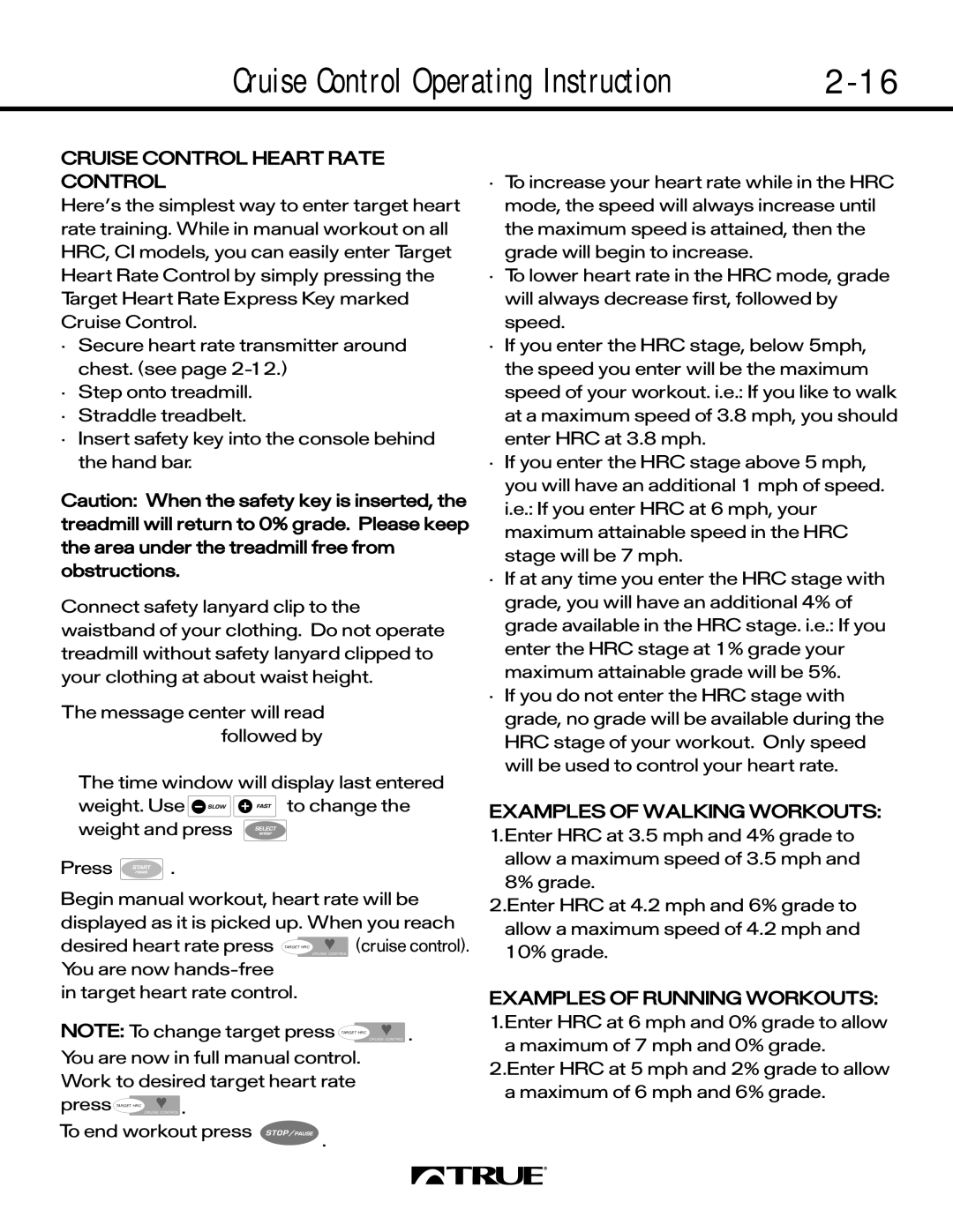 True Fitness 500 SERIES, 550 SERIES, 450 SERIES Cruise Control Operating Instruction, Cruise Control Heart Rate Control 