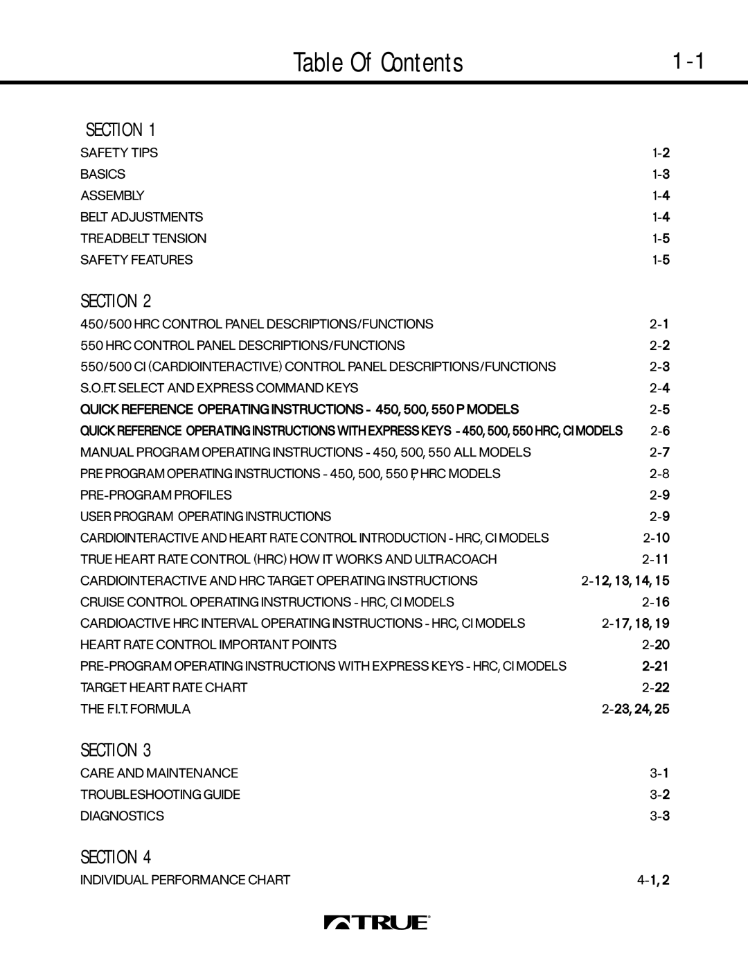 True Fitness 550 SERIES, 450 SERIES, 500 SERIES manual Table Of Contents 