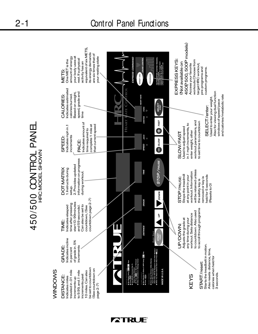 True Fitness 500 SERIES, 550 SERIES, 450 SERIES manual 450/500 Control Panel, Windows, Keys 