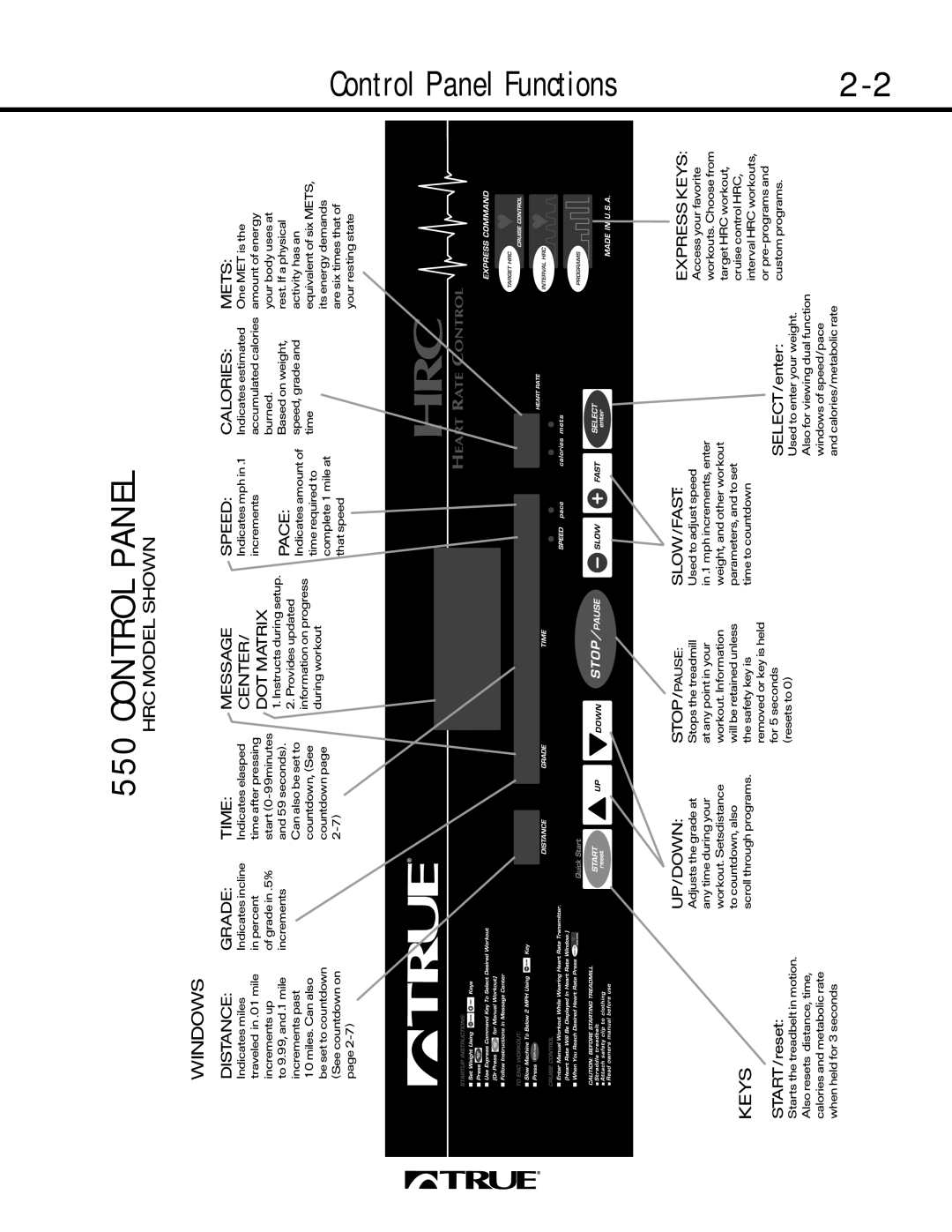 True Fitness 550 SERIES, 450 SERIES, 500 SERIES manual Control Panel, HRC Model Shown Windows 