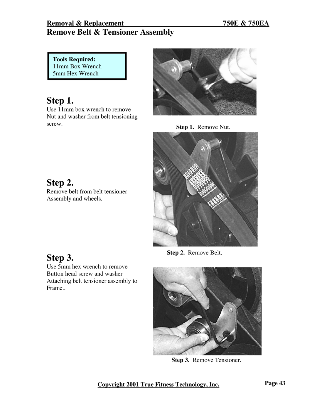 True Fitness 750EA, 600EA manual Remove Belt & Tensioner Assembly 