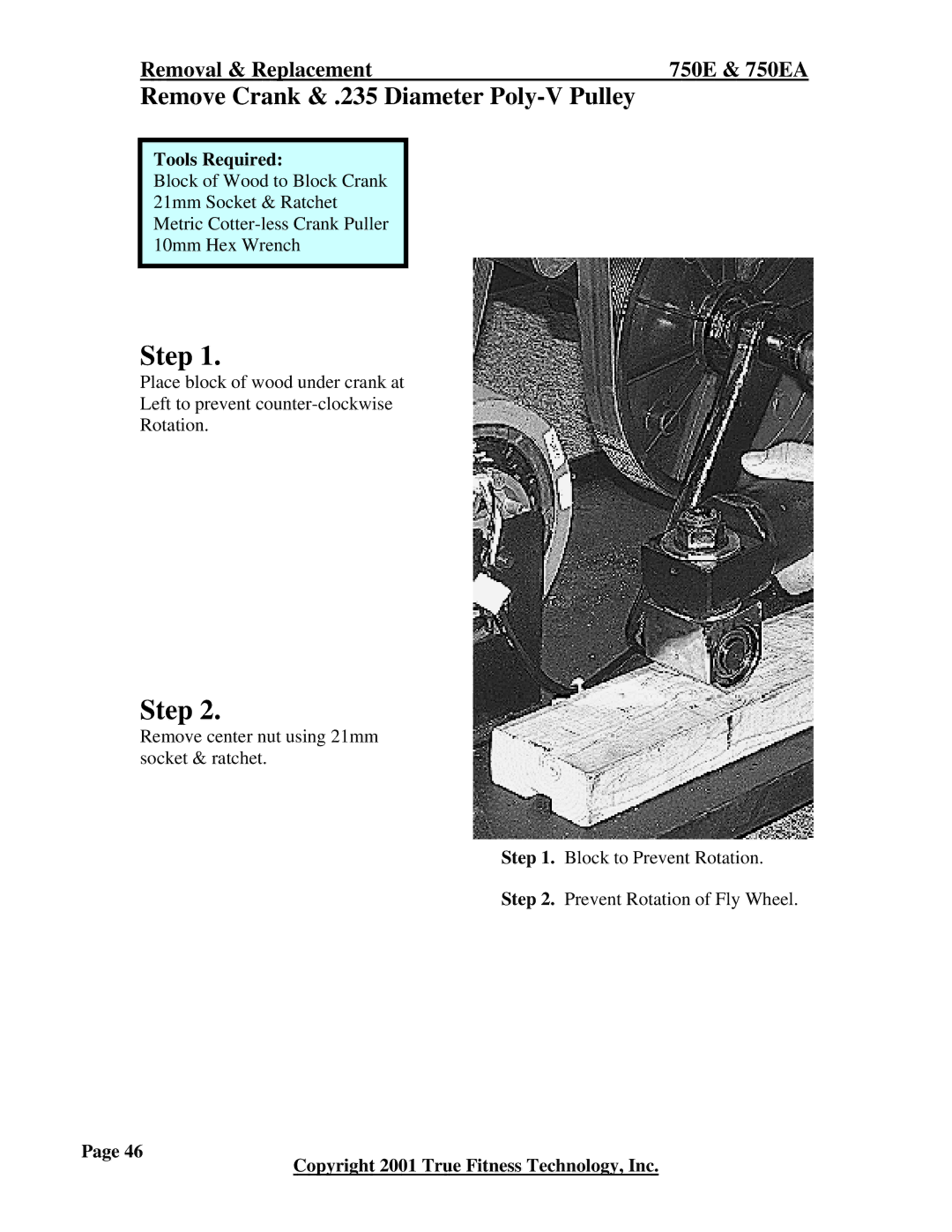 True Fitness 750EA, 600EA manual Remove Crank & .235 Diameter Poly-V Pulley 
