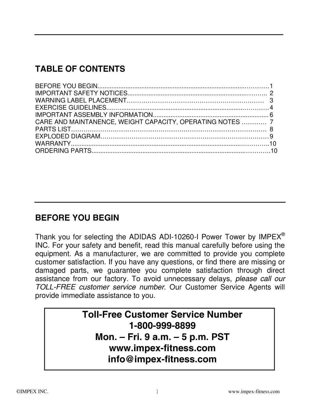 True Fitness ADI-10260-I manual Toll-Free Customer Service Number Mon. Fri a.m. 5 p.m. PST 