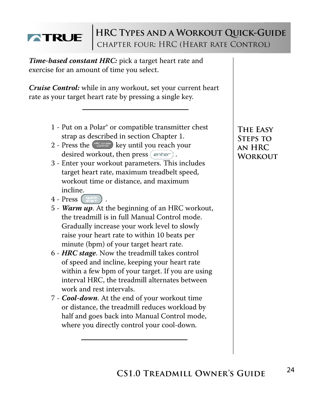 True Fitness CS1.0 manual HRC Types and a Workout QUICK-GUIDE 