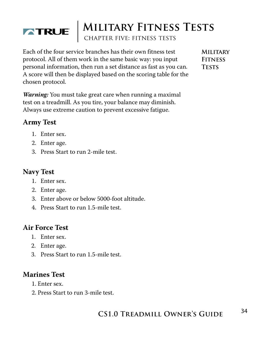 True Fitness CS1.0 manual Military Fitness Tests, Navy Test 