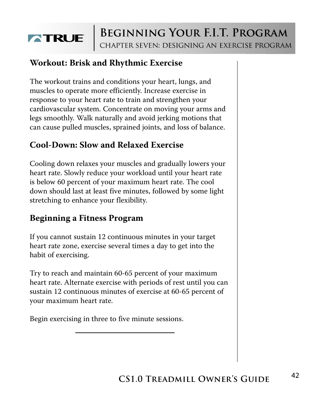 True Fitness CS1.0 manual Workout Brisk and Rhythmic Exercise 