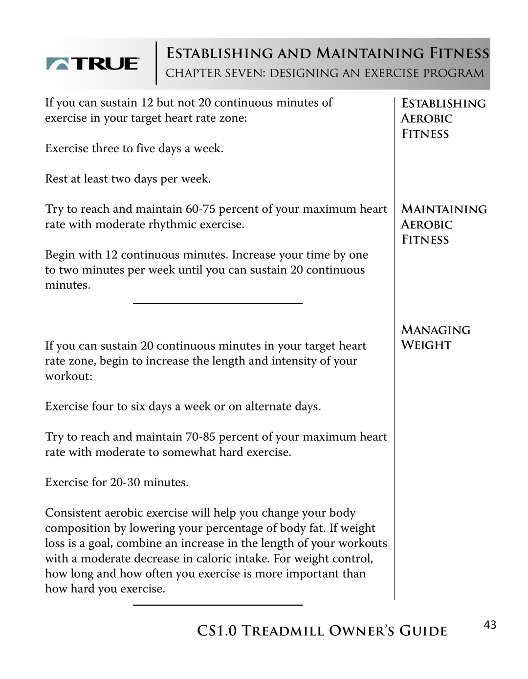 True Fitness CS1.0 manual Establishing and Maintaining Fitness 