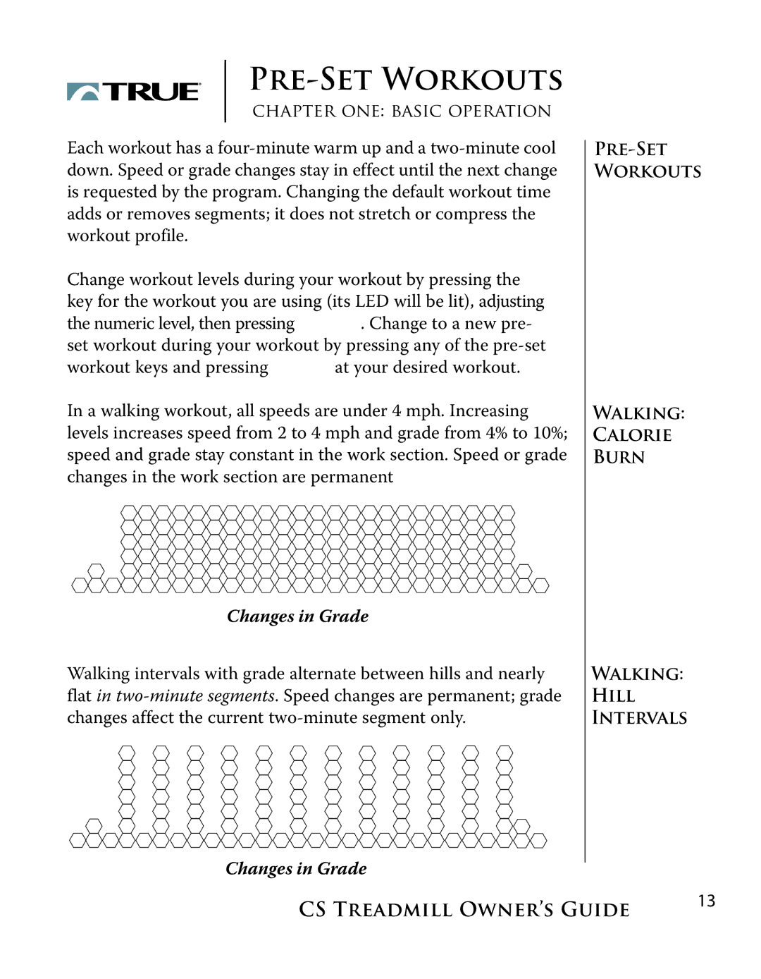 True Fitness Cs5.0, Cs3.0 manual PRE-SET Workouts, Changes in Grade 