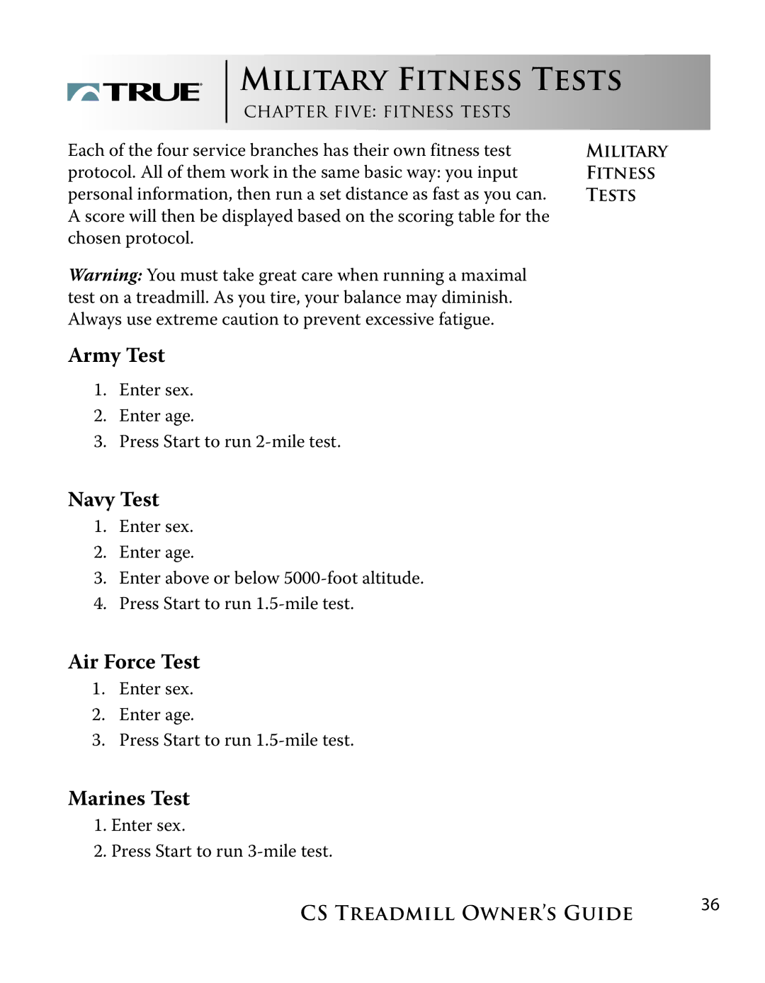 True Fitness Cs3.0, Cs5.0 manual Military Fitness Tests, Navy Test 