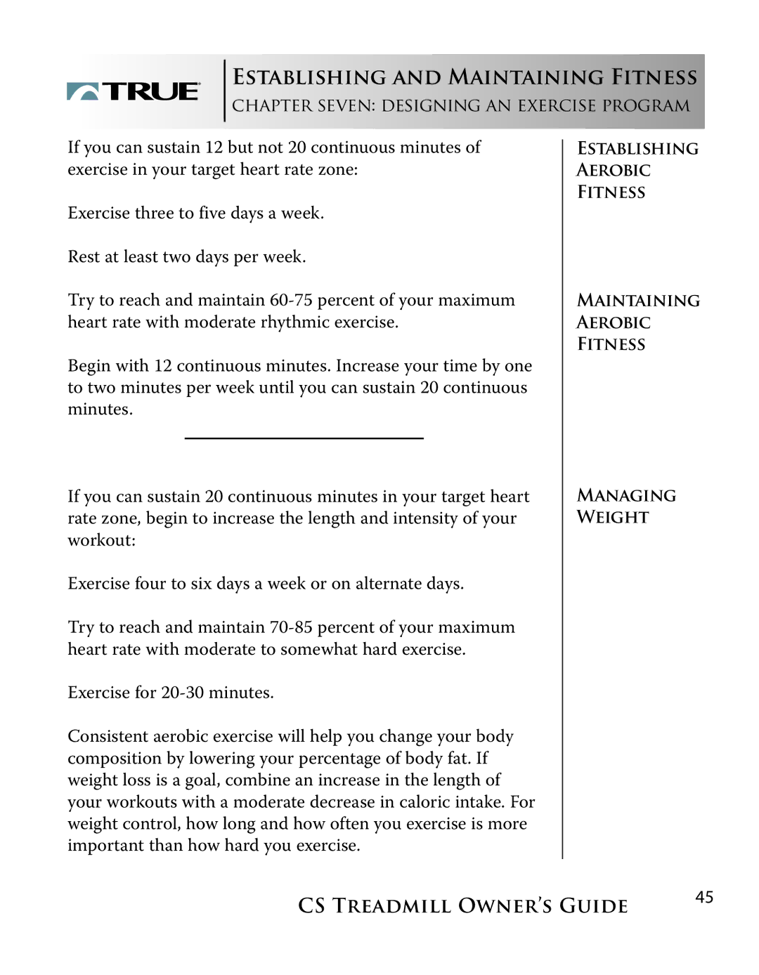 True Fitness Cs5.0, Cs3.0 manual Establishing and Maintaining Fitness 