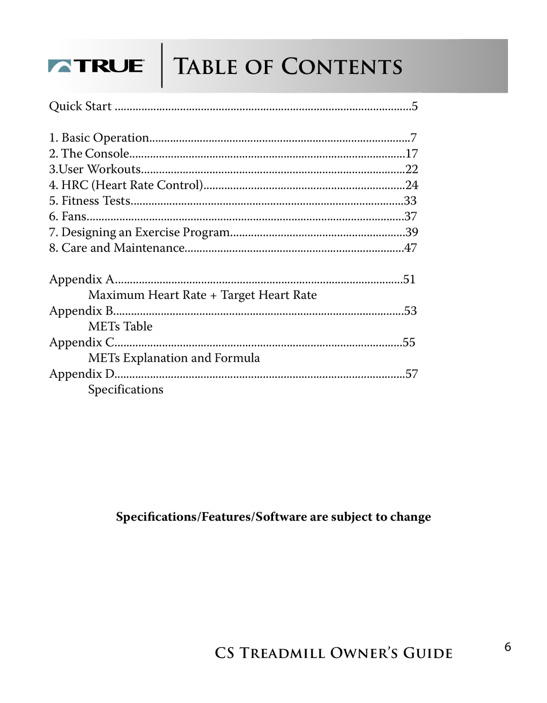 True Fitness Cs3.0, Cs5.0 manual Table of Contents 