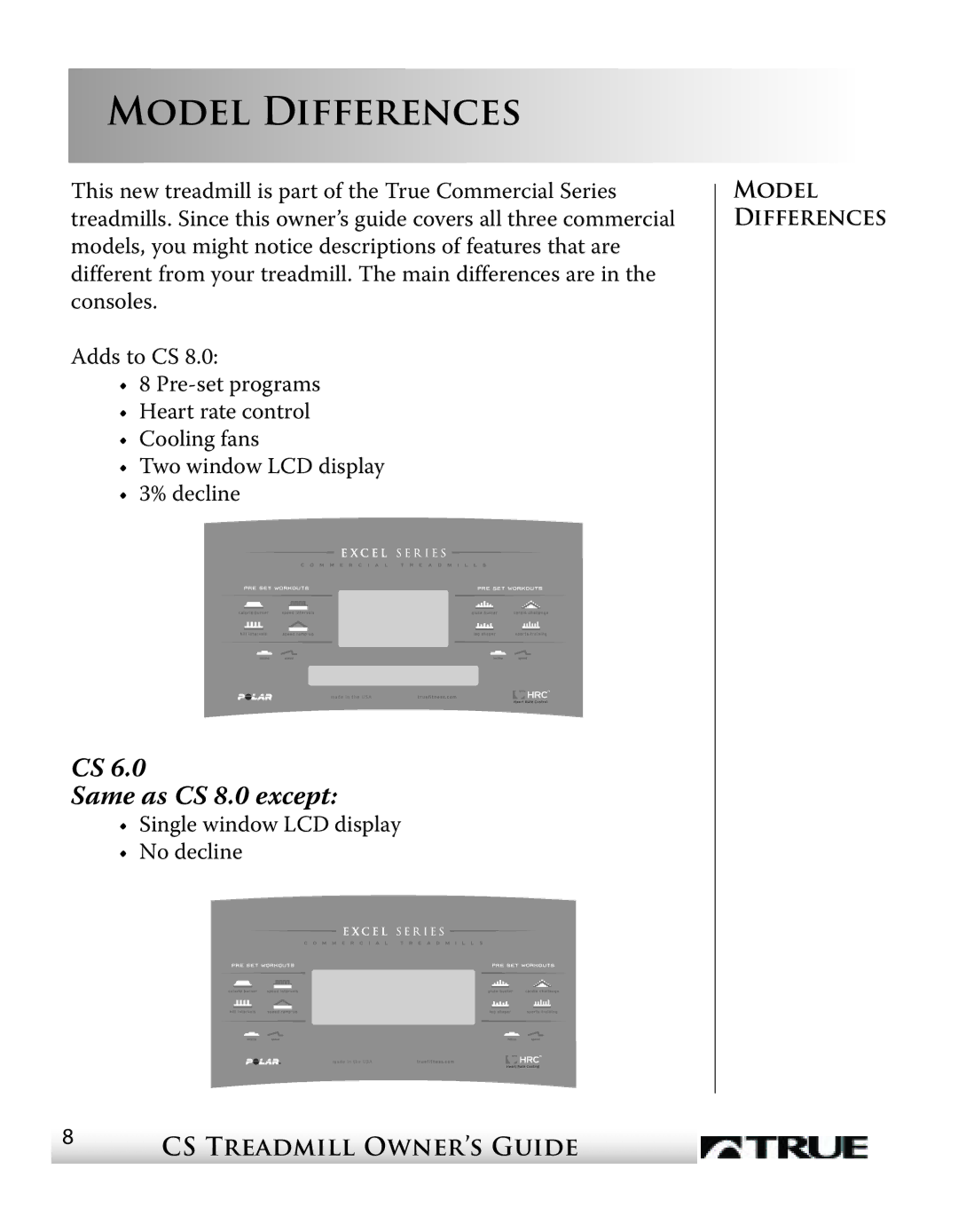 True Fitness CS4 manual Model Differences 