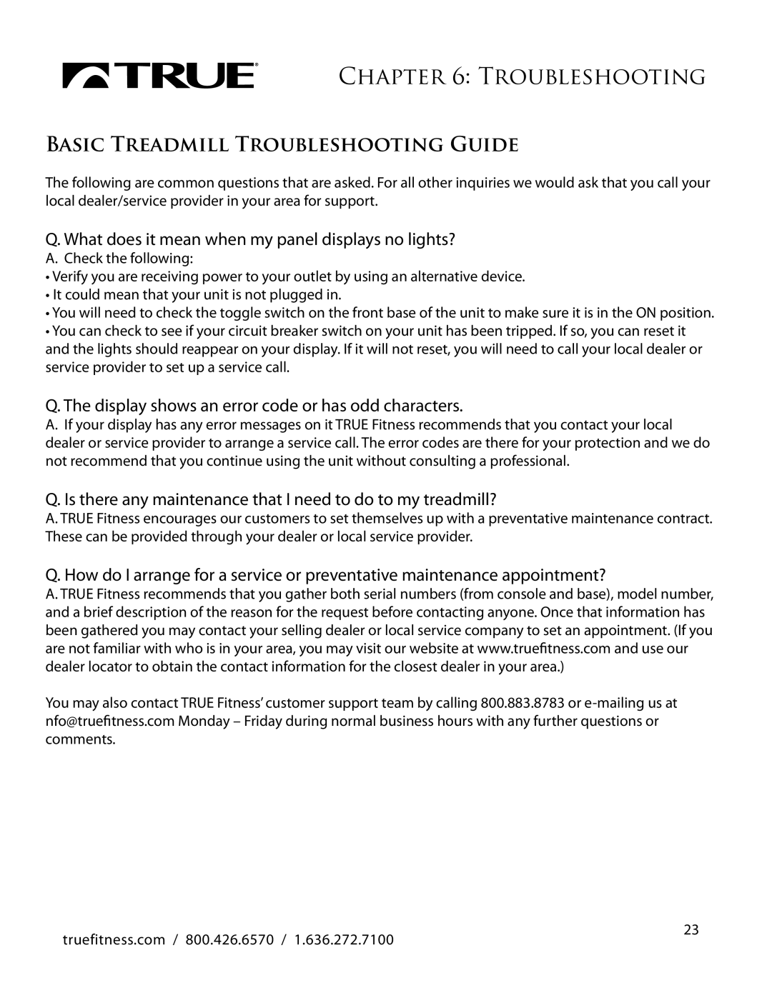 True Fitness CS500 manual Basic Treadmill Troubleshooting Guide 