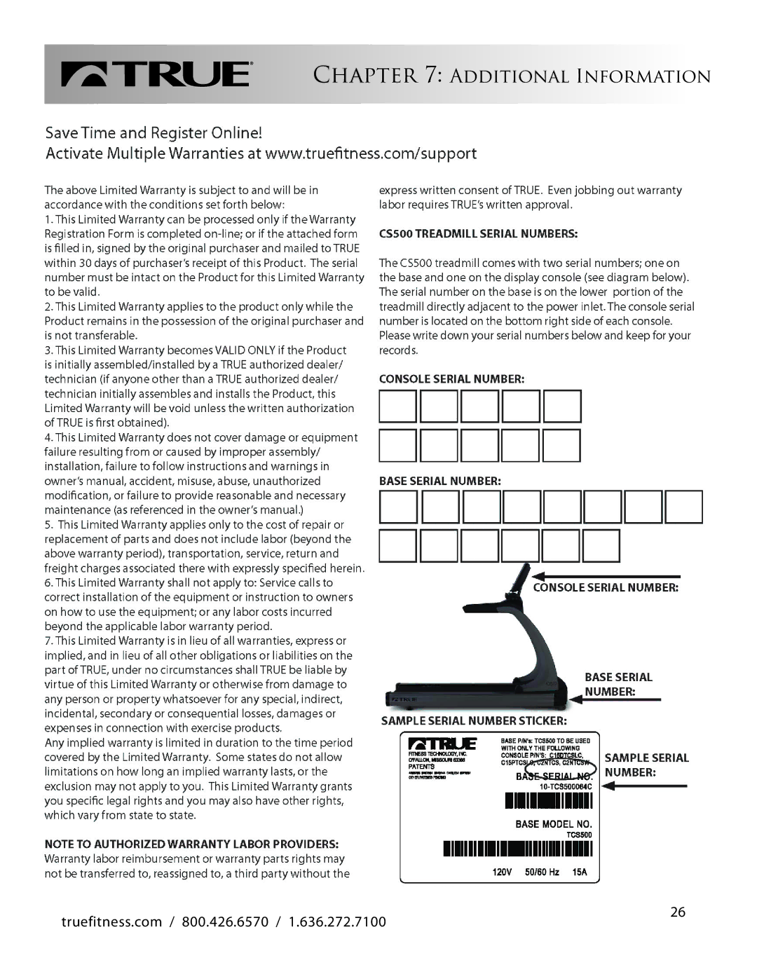 True Fitness CS500 manual Additional Information 