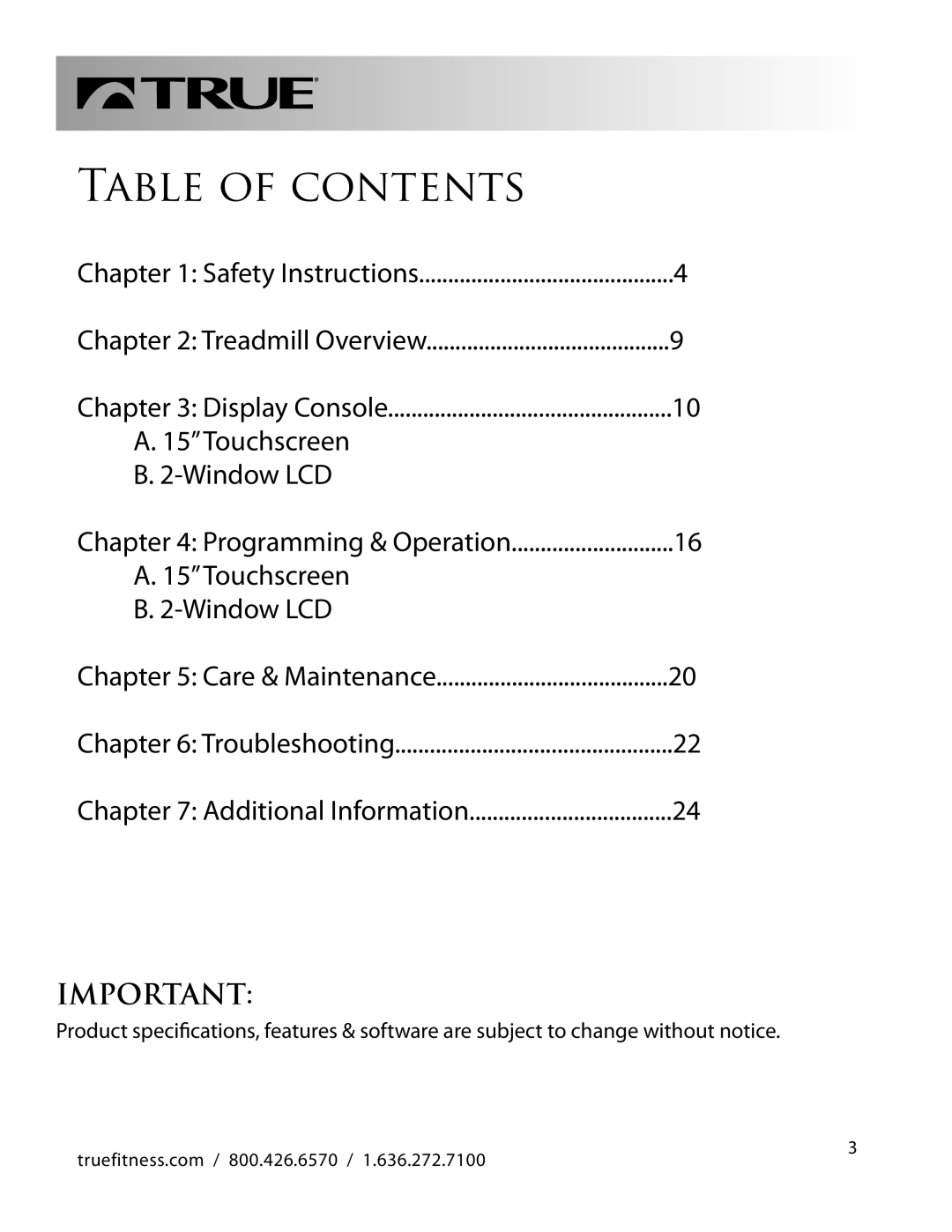 True Fitness CS500 manual Table of Contents 