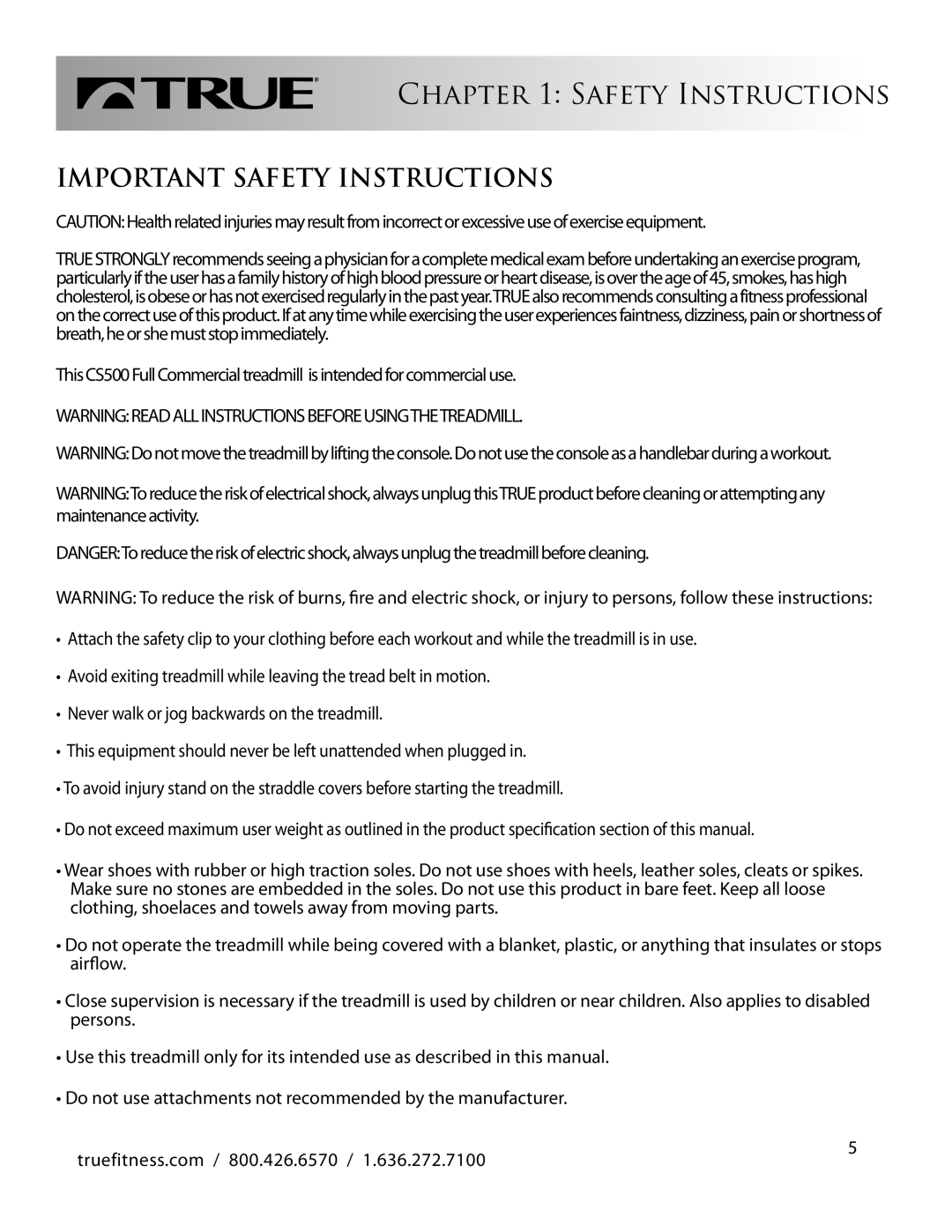 True Fitness CS500 manual Important Safety Instructions 