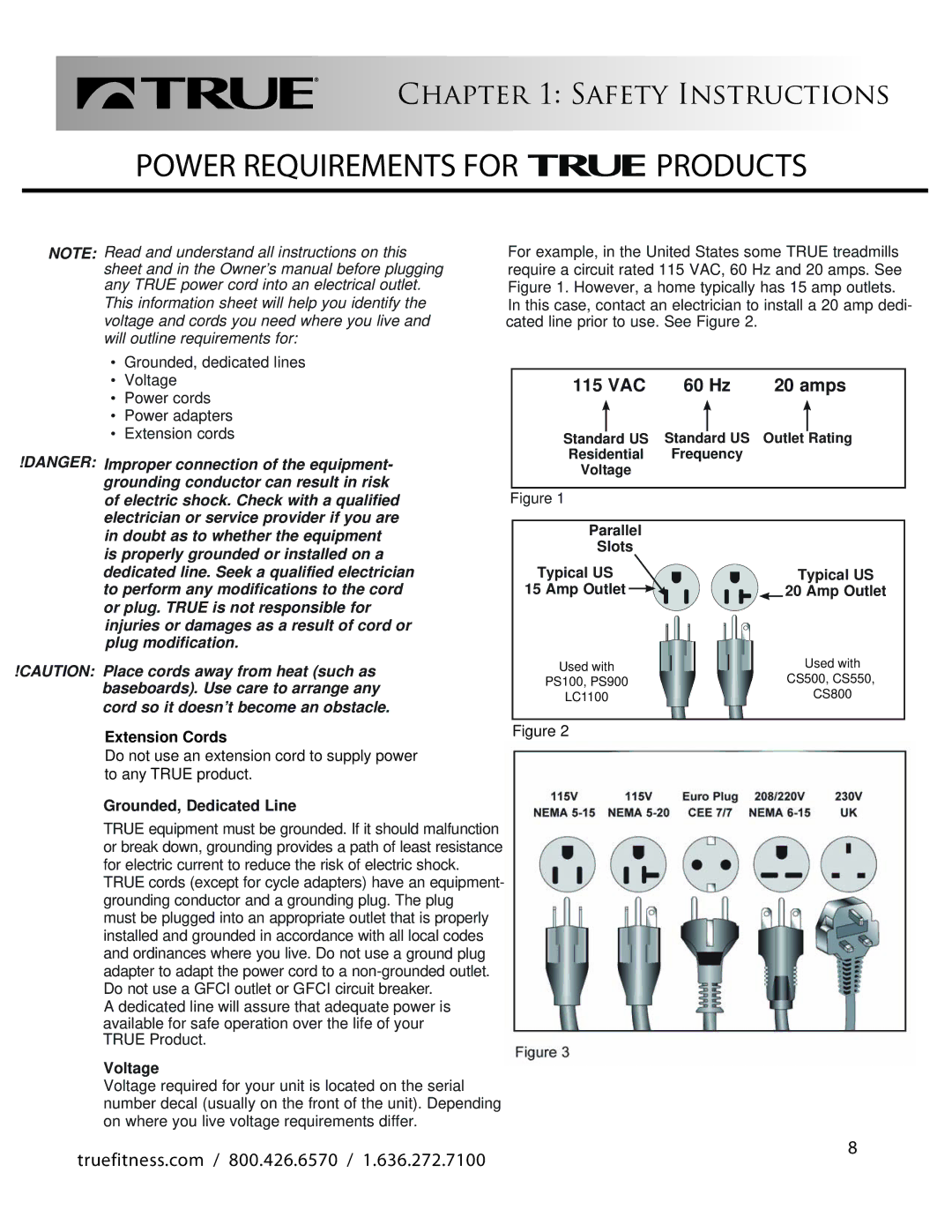 True Fitness CS500 manual Power Requirements for Products 