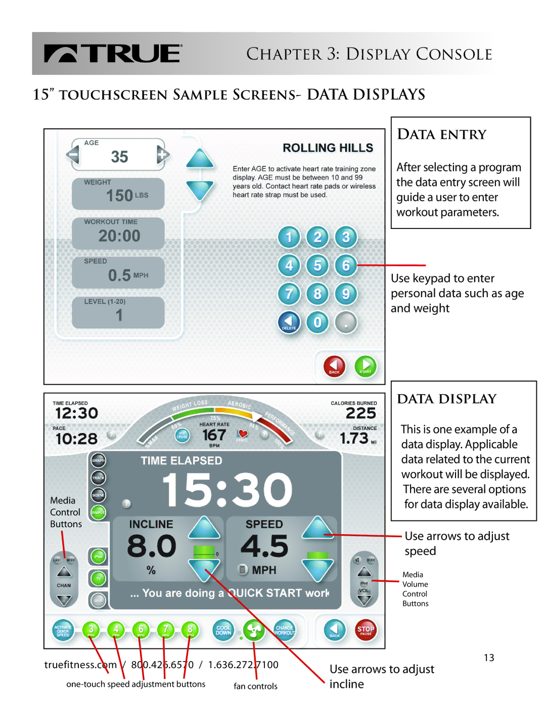 True Fitness CS550 manual Touchscreen Sample SCREENS- Data Displays Data Entry 