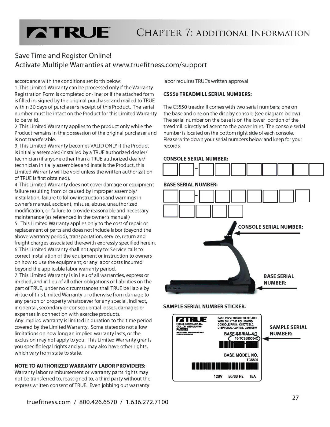 True Fitness CS550 manual Additional Information 