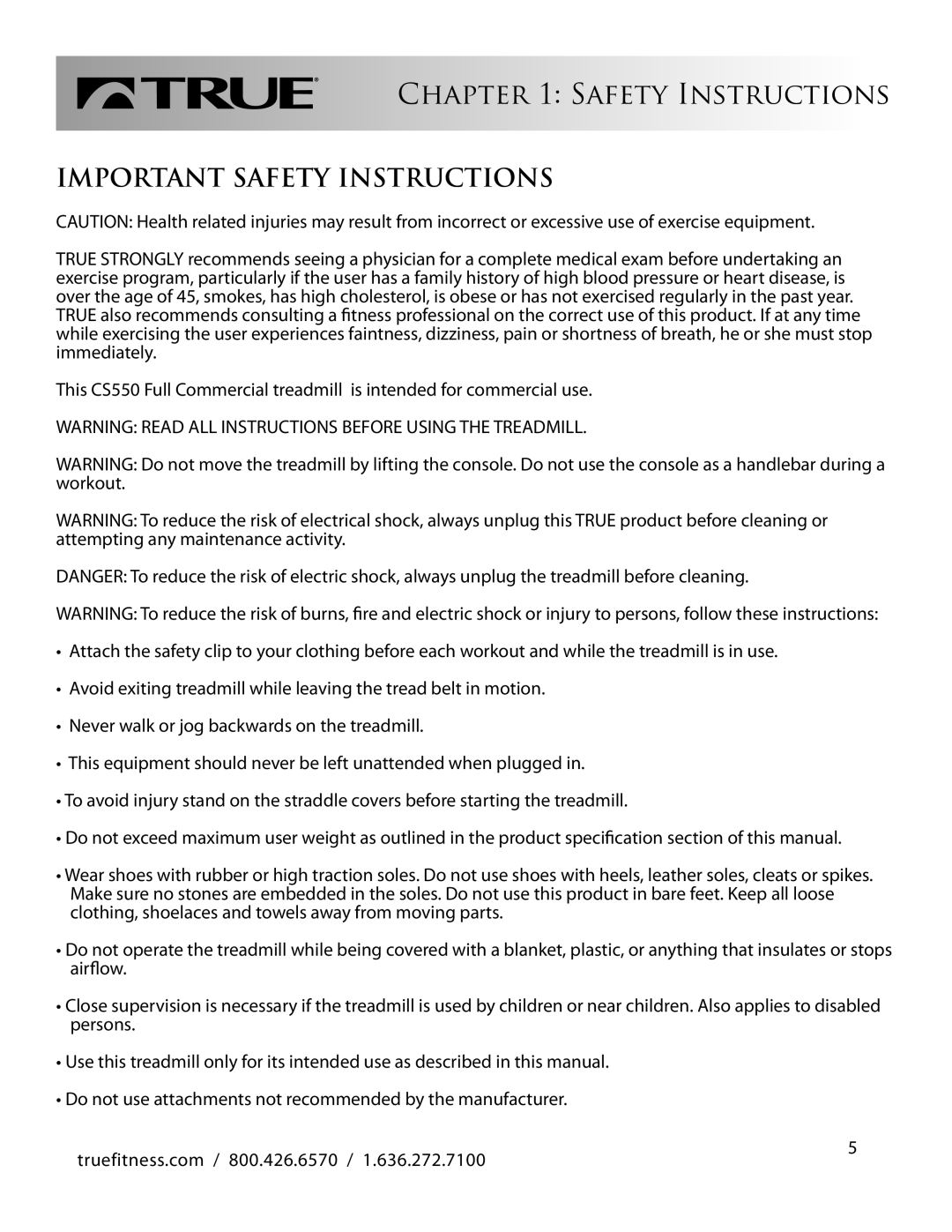 True Fitness CS550 manual Important Safety Instructions 