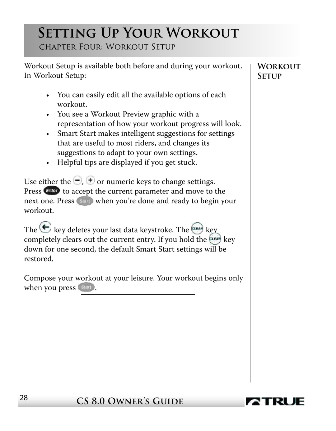 True Fitness CS8 manual Setting Up Your Workout, Chapter Four Workout Setup 