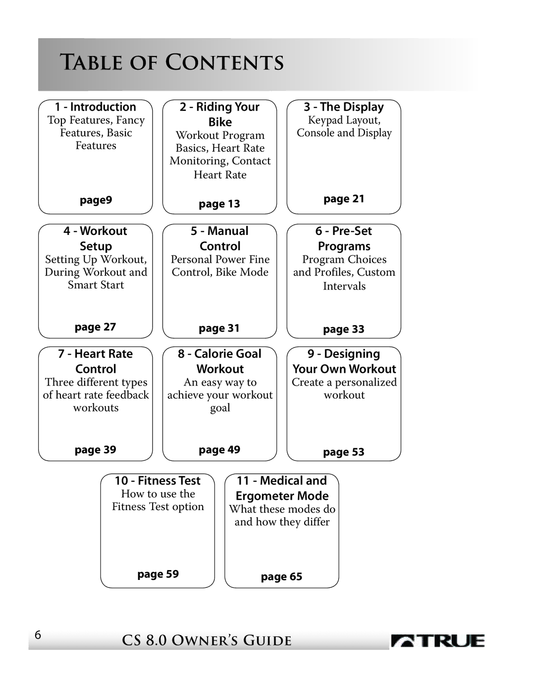 True Fitness CS8 manual Table of Contents 