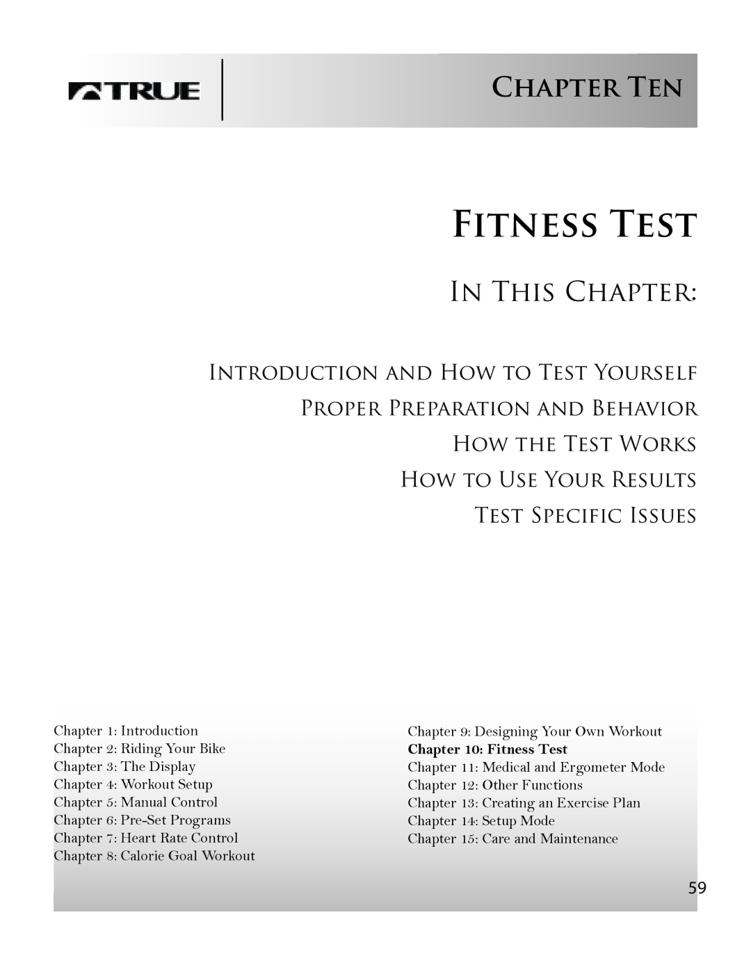 True Fitness CS8 manual Fitness Test, Chapter Ten 