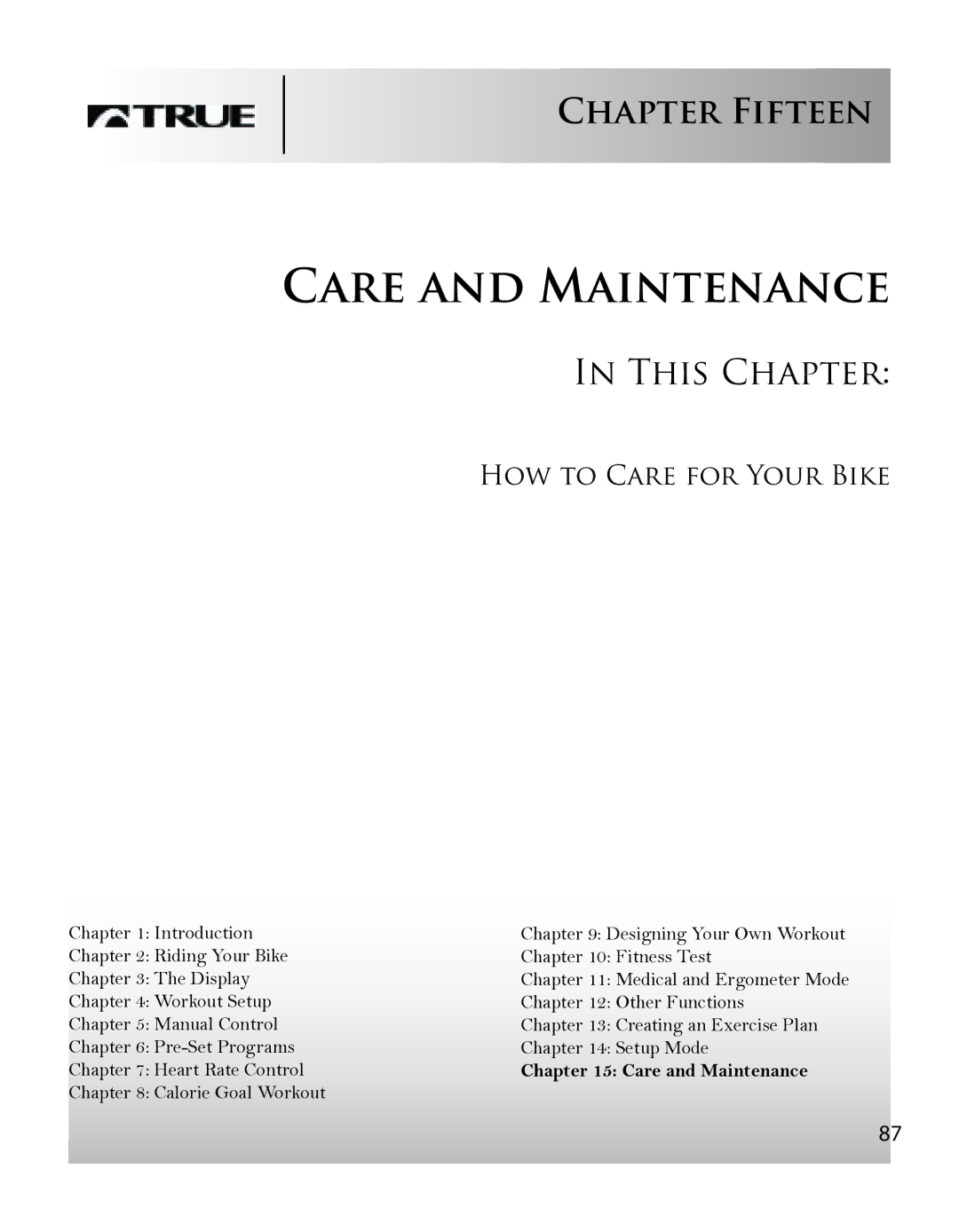 True Fitness CS8 manual Care and Maintenance, Chapter Fifteen 