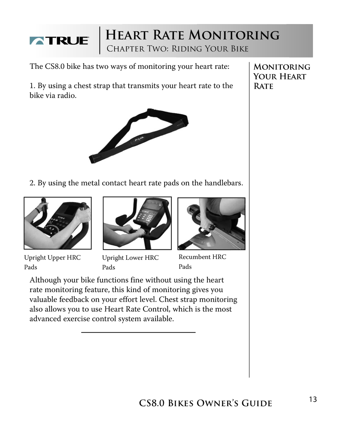 True Fitness CS8.0 manual Heart Rate Monitoring 