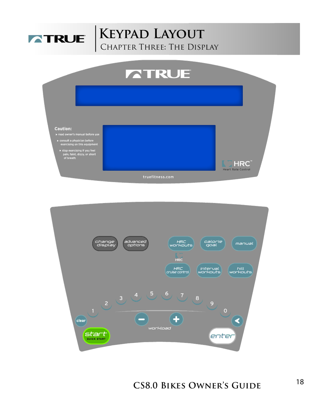 True Fitness CS8.0 manual Keypad Layout, CHAPTER THREE THE Display 