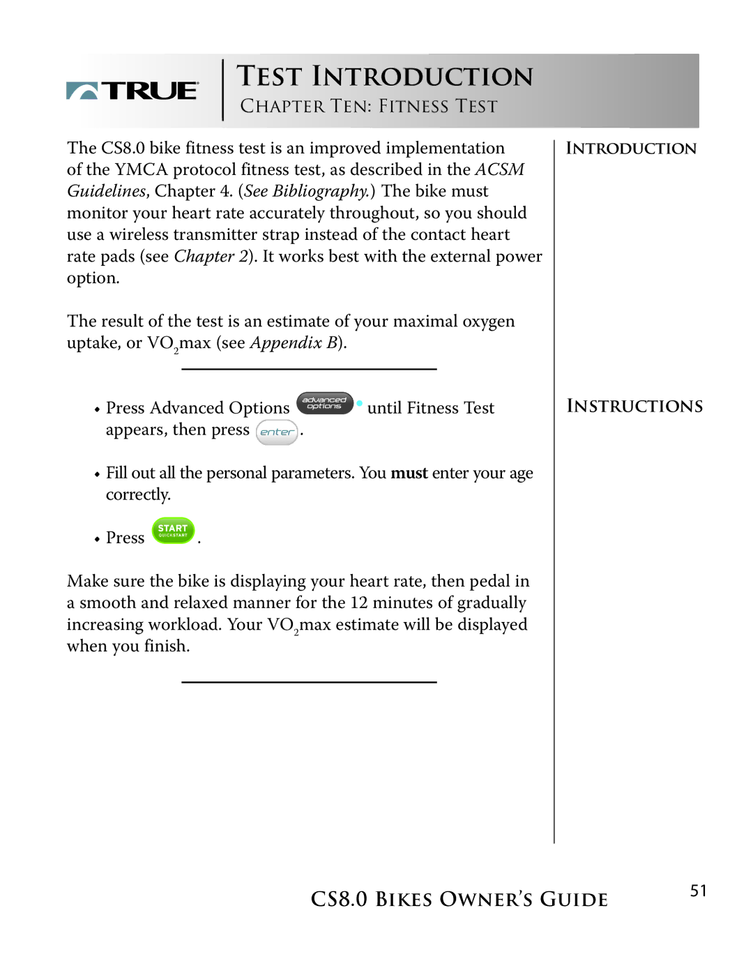 True Fitness CS8.0 manual Test Introduction, CHAPTER TEN FITNESS Test 