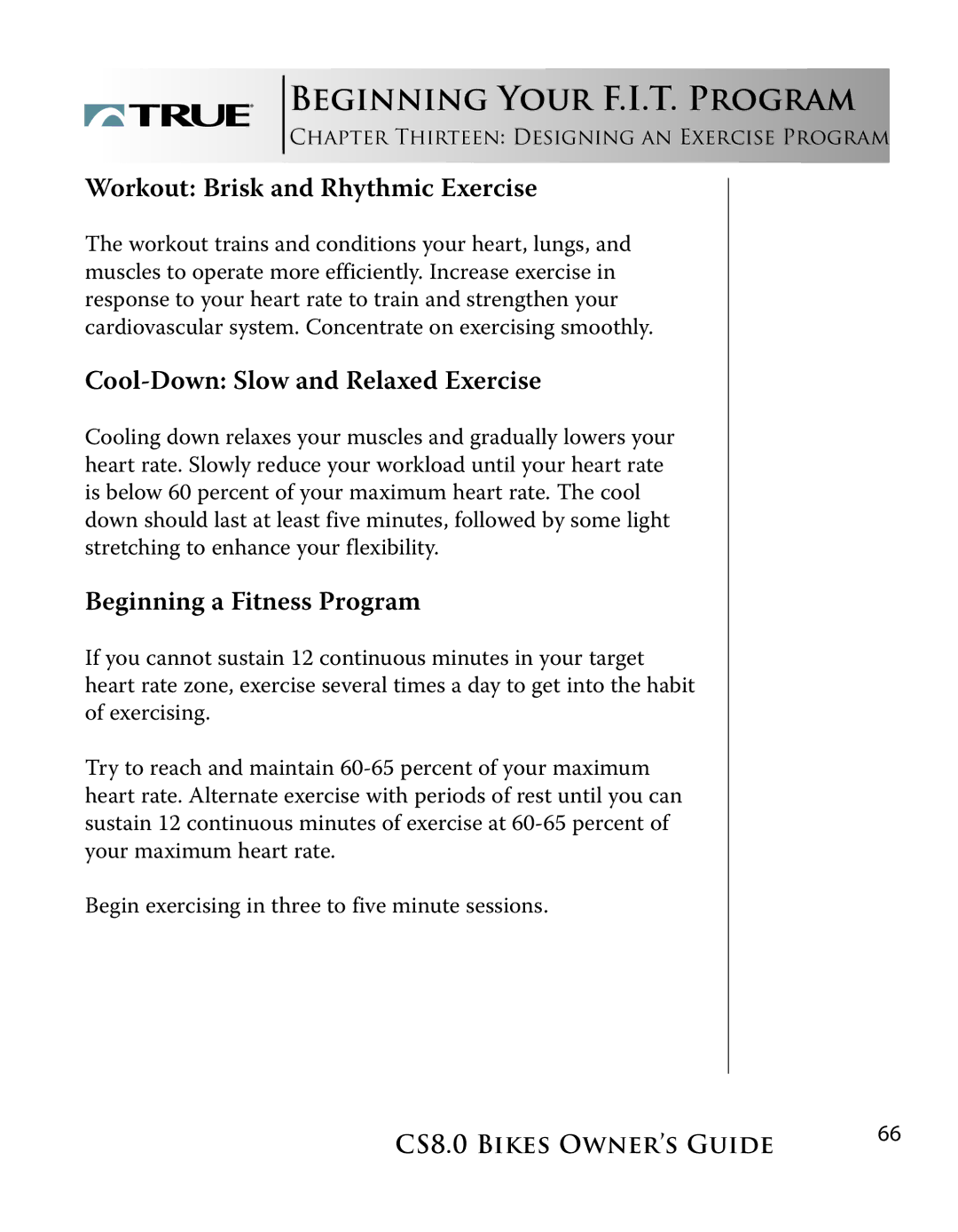 True Fitness CS8.0 manual Workout Brisk and Rhythmic Exercise 