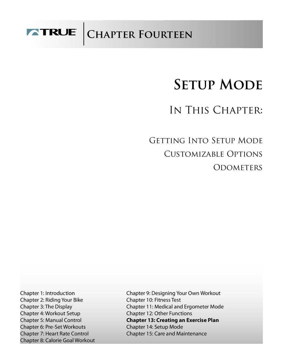 True Fitness CS8.0 manual Getting Into Setup Mode Customizable Options Odometers 