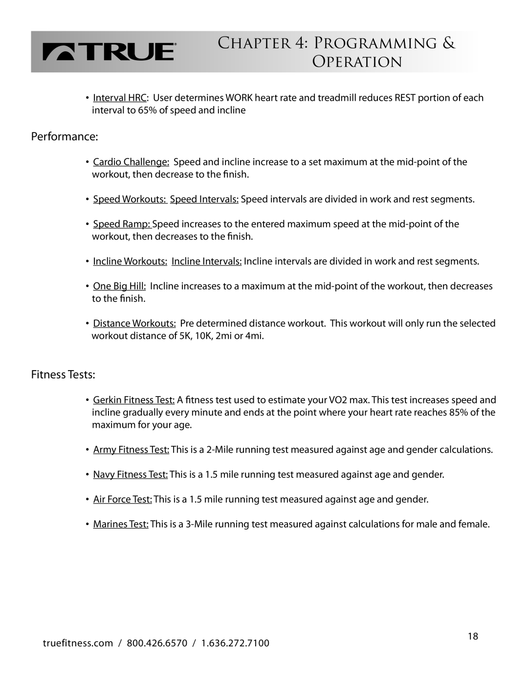 True Fitness CS800 manual Performance, Fitness Tests 