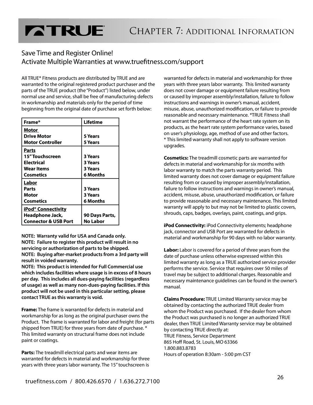 True Fitness CS800 manual Additional Information, Save Time and Register Online 