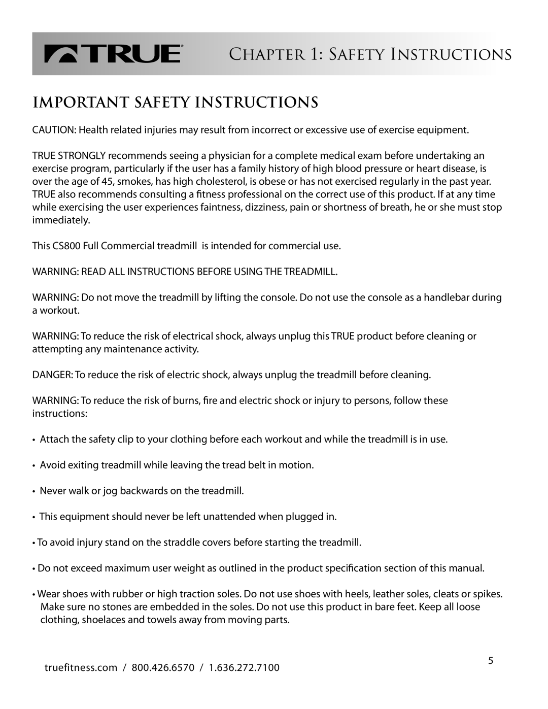 True Fitness CS800 manual Important Safety Instructions 