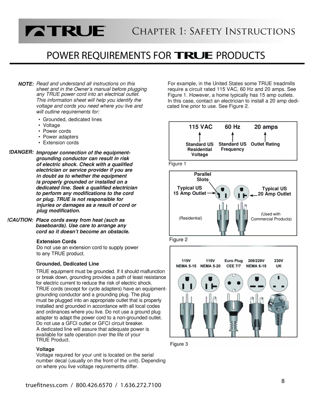 True Fitness CS800 manual Power Requirements for Products 