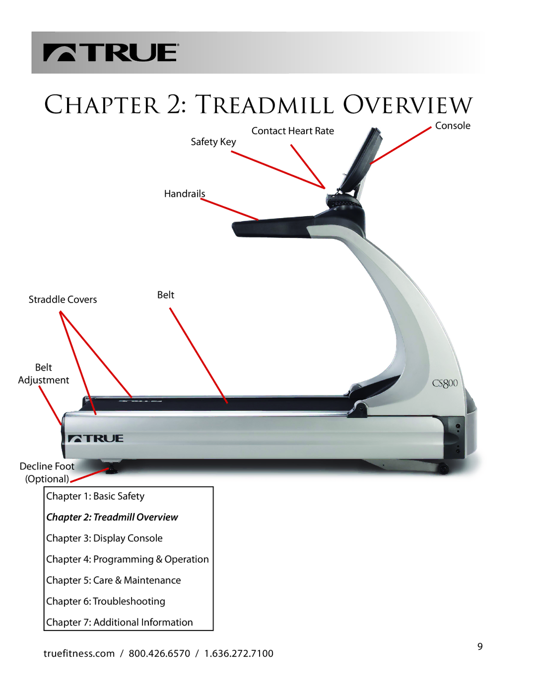 True Fitness CS800 manual Treadmill Overview 