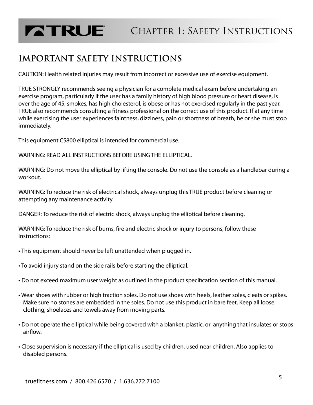 True Fitness CS800 manual Important Safety Instructions 