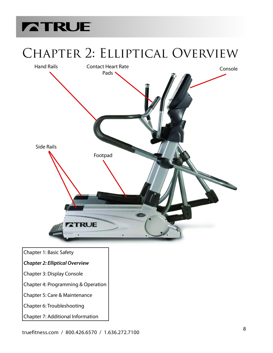 True Fitness CS800 manual Elliptical Overview, Contact Heart Rate, Pads 